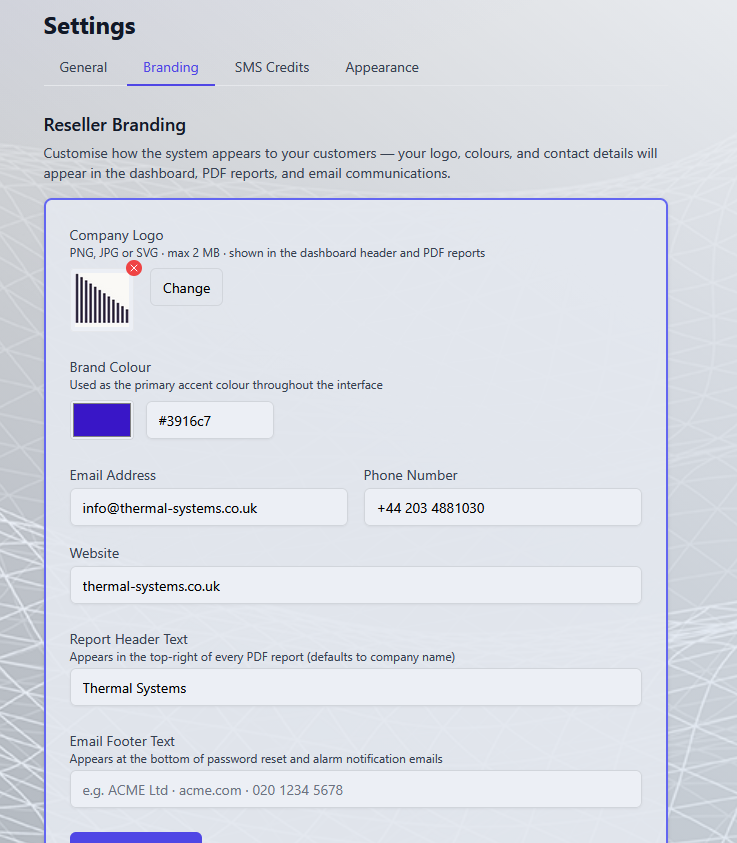 TS1 Cloud reseller branding settings showing custom logo, brand colour and contact details
