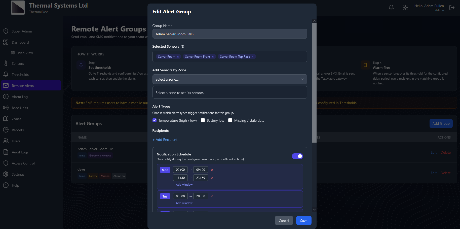 TS1 Cloud remote alert group configuration screen showing sensor selection and recipient settings