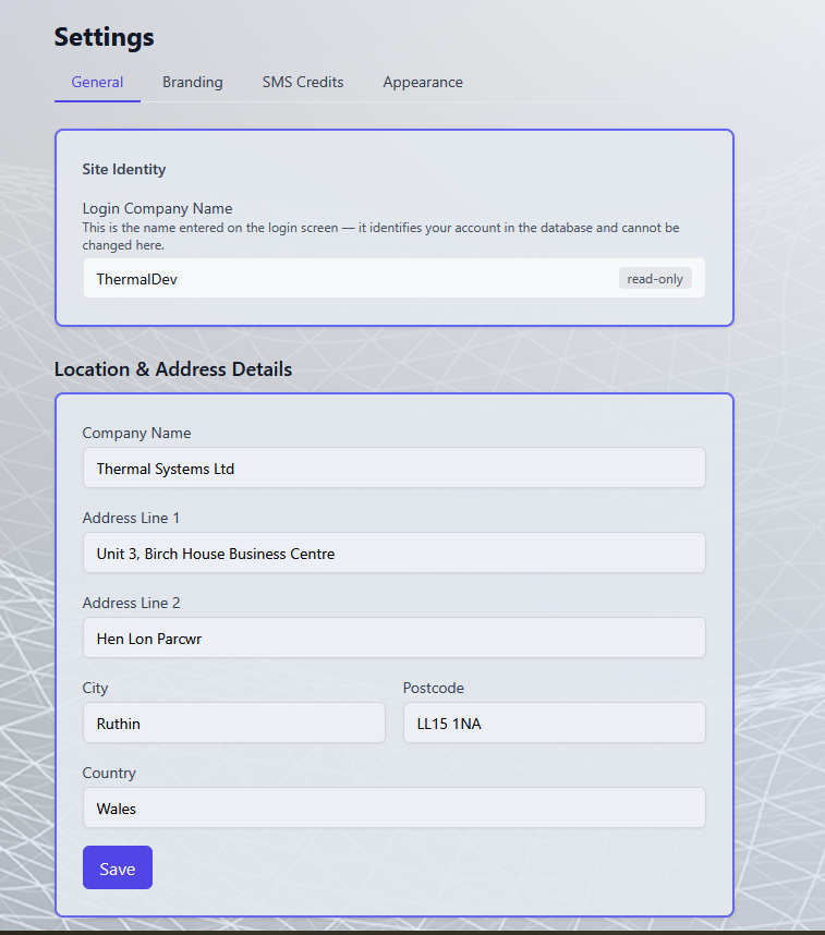 TS1 Cloud system settings showing company details and location configuration